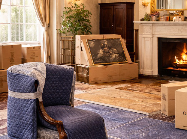 a cozy living room with a blue chair packing boxes and a fireplace creating a warm atmosphere during the 3 stages of moving