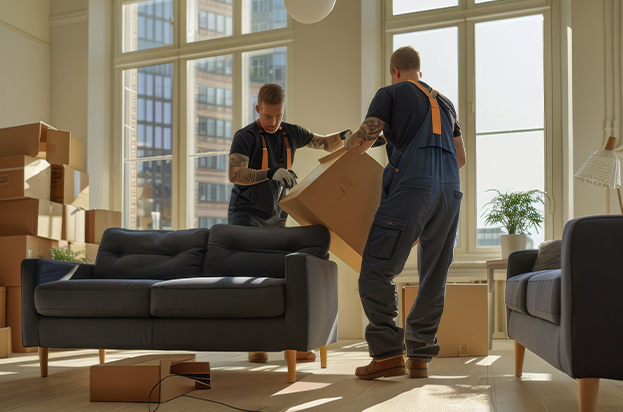 An interior room filled with numerous cardboard boxes arranged around a coffee table and two blue chairs suggesting a recent move or organization of space ideal for a 5 step packing process.