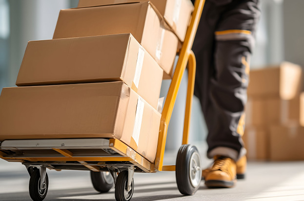 person moving five stacked cardboard boxes on a hand truck