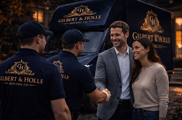 white moving truck parked outdoors featuring Gilbert and Holle relocation branding ideal for efficient moving services and logistics