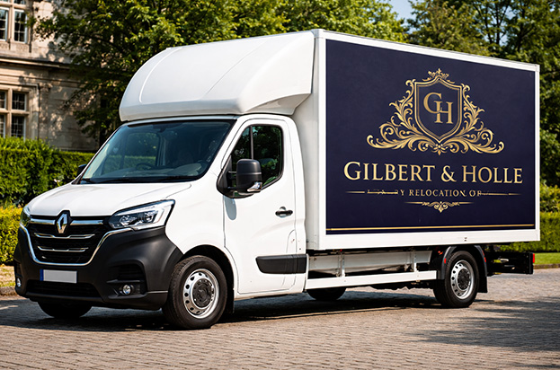 Two moving professionals greeting a happy couple in front of a Gilbert and Holle moving truck during a sunset scene