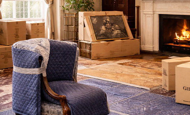 cozy blue chair in a room with moving boxes and a fireplace creating a warm atmosphere during a home transition process