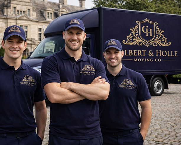 three uniformed movers smiling in front of a moving truck with Gilbert and Holle Moving Co logo displaying professionalism and service quality for moving needs