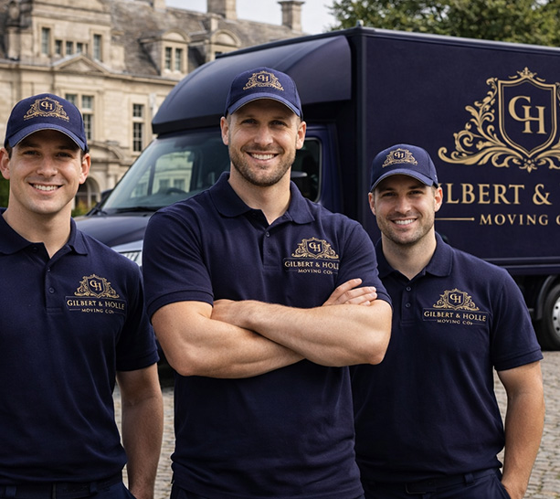 three professional movers standing in front of a moving truck wearing branded uniforms showcasing teamwork and reliability for your move