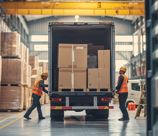 two workers loading boxes into a delivery truck in a warehouse with pallets of goods arranged neatly emphasizing efficient logistics and teamwork for fast shipping