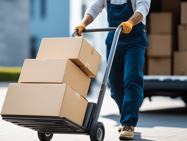 person moving three cardboard boxes using a hand truck in a delivery area with a van in the background