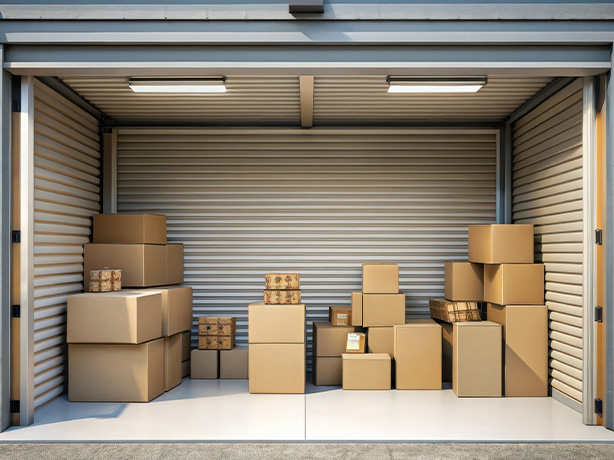 storage unit filled with cardboard boxes and items organized for easy access three packages visible